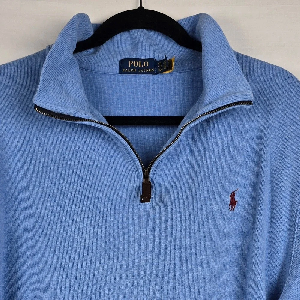 Polo‎ Ralph Lauren Mens XXL Light Blue Cotton Quarter Zip Pullover Sweater Pony